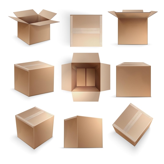 Bezpłatny wektor realistyczny kartonowy zestaw dziewięciu pudełek otwartych zamknięty widok z góry i z boku na białym tle ilustracji wektorowych