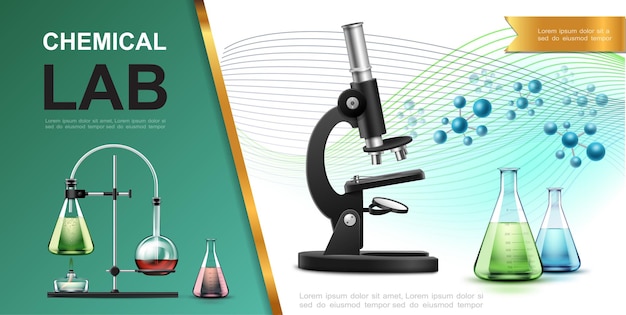 Realistyczny laboratoryjny szablon badań chemicznych z kolbami mikroskopowymi probówki palnik lampy spirytusowej i ilustracja cząsteczek