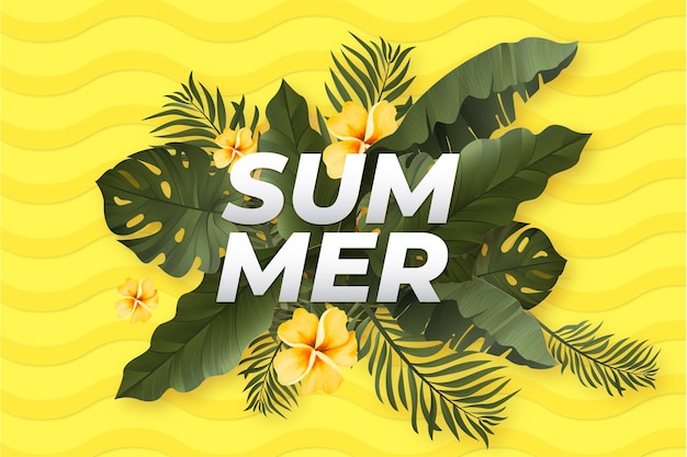 realistyczny letni baner z tropikalnymi liśćmi w tle
