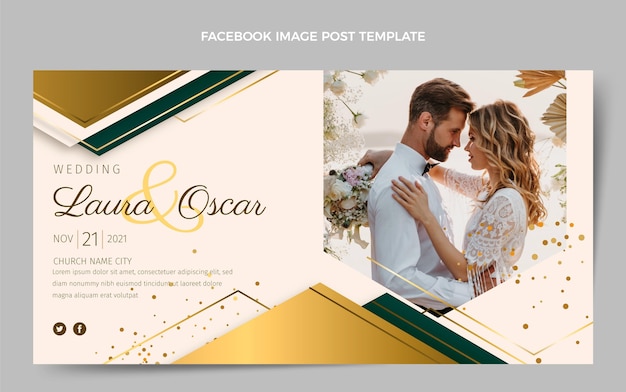 Bezpłatny wektor realistyczny luksusowy złoty ślubny post na facebooku
