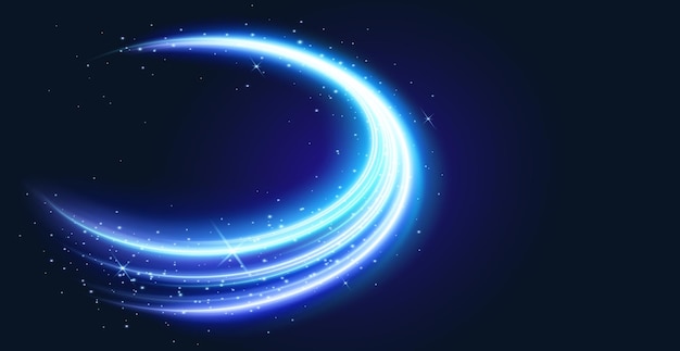 Realistyczny neonowy niebieski wir światła izolowany na czarnym tle Ilustracja wektorowa efektu magicznej energii okrągły szlak świecący cząsteczkami musującego brokatu świetlista wiązka prędkości błyszczący wir