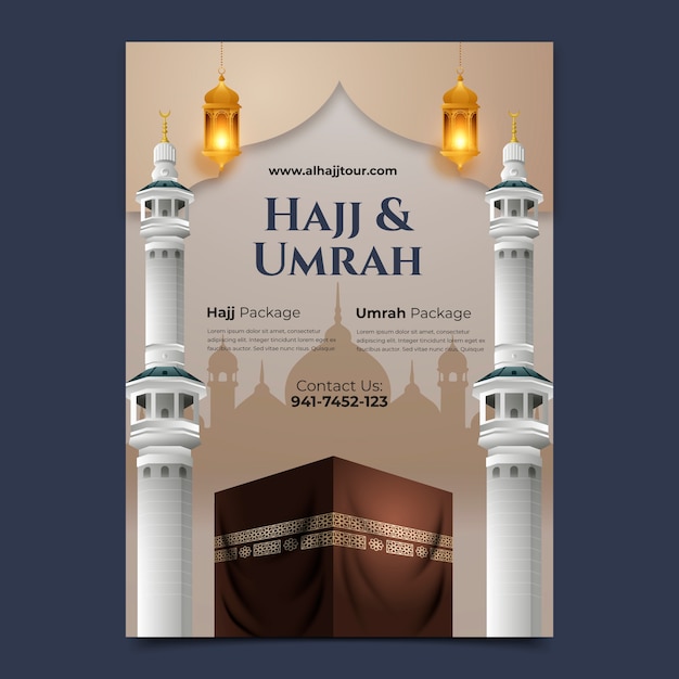 Bezpłatny wektor realistyczny pionowy szablon plakatu dla islamskiej pielgrzymki hadżdż