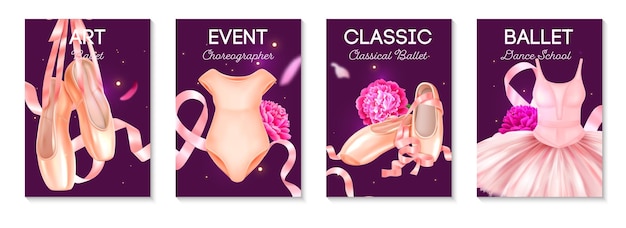 Bezpłatny wektor realistyczny pionowy zestaw plakatów z klasycznymi butami baletowymi i różowymi wstążkami na białym tle ilustracji wektorowych