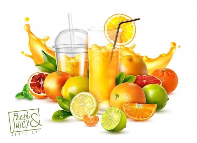 Realistyczny plakat z owocami cytrusowymi i szklankami zimnego świeżego soku na białym tle