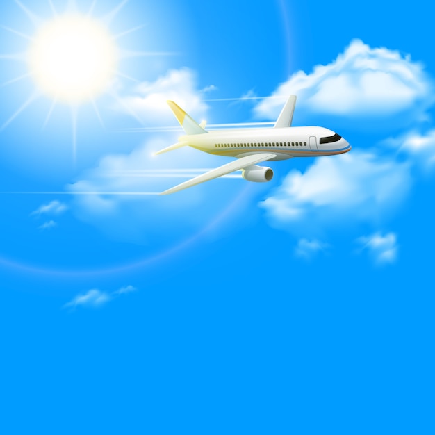 Realistyczny płaski samolot w błękitnym pogodnym niebie