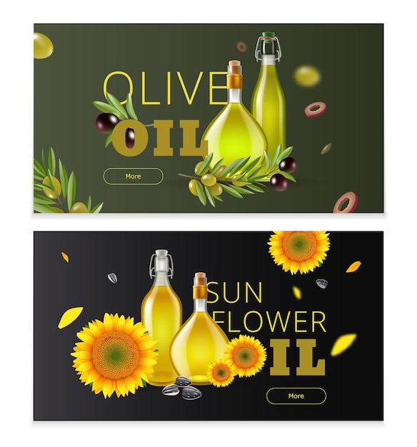 Bezpłatny wektor realistyczny poziomy baner produktu naftowego z nagłówkami oliwy z oliwek i oleju słonecznikowego