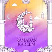 Bezpłatny wektor realistyczny ręcznie rysowane baner ramadan kareem z podium 3d