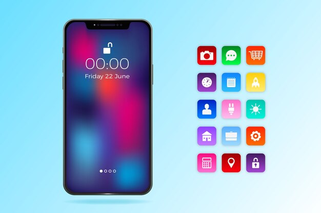 Realistyczny smartfon z aplikacjami w gradientowych odcieniach niebieskiego