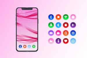 Bezpłatny wektor realistyczny smartfon z aplikacjami w gradientowych odcieniach różu
