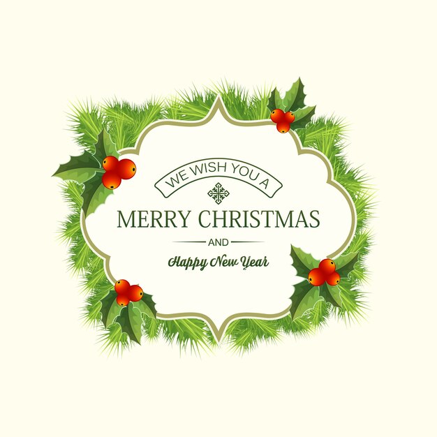 Realistyczny świąteczny wieniec iglasty szablon z tekstem w ramce gałęzie jodły i ilustracja holly jagody