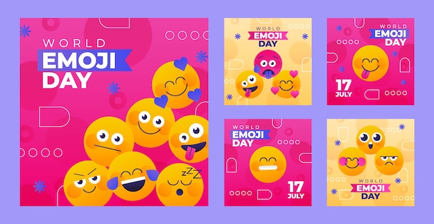 Bezpłatny wektor realistyczny światowy dzień emoji i zestaw postów
