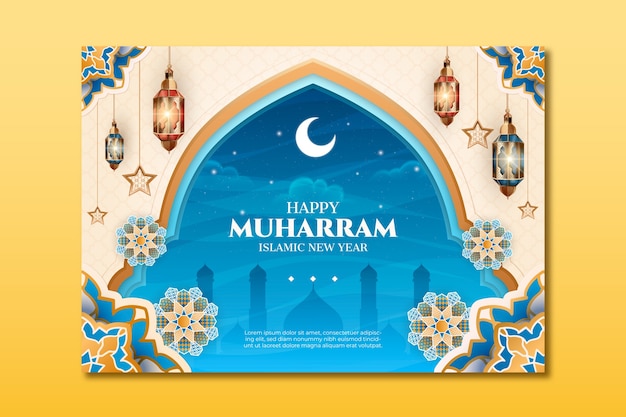 Bezpłatny wektor realistyczny szablon kartki z życzeniami islamskiego nowego roku z lampionami