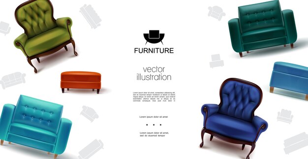 Realistyczny szablon obiektów meblowych z miękkimi kolorowymi fotelami, krzesłami i tabourets