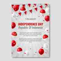 Bezpłatny wektor realistyczny szablon pionowy plakat dzień niepodległości indonezji z balonami i konfetti
