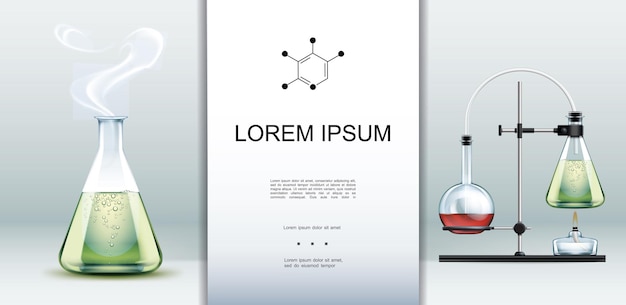 Realistyczny szablon wyposażenia laboratoryjnego ze szklanym naczyniem laboratoryjnym pełnym zielonej gorącej cieczy i testu reakcji chemicznej za pomocą kolb i palnika alkoholowego