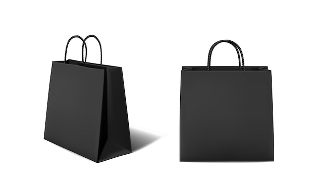 realistyczny wektor zestaw ikon Czarna papierowa detaliczna torba kartonowa z uchwytami Torba na zakupy na sprzedaż izolowany na białym tle