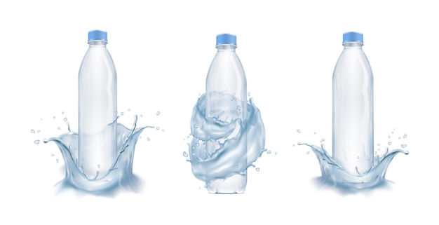 realistyczny wektor zestaw ikon Plstic butelki na wodę z pluskiem wody izolowany na białym tle