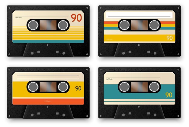 Realistyczny zestaw czterech kaset z muzyką vintage na białym tle z taśm audio z ilustracją cieni