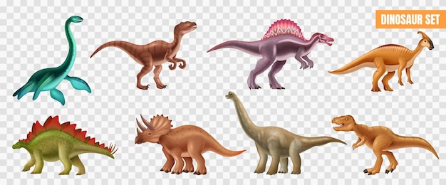 Bezpłatny wektor realistyczny zestaw dinozaurów z triceratops spinozaur stegozaur branchiosaurus tyrannosaurus izolowany na przezroczystym tle ilustracji wektorowych