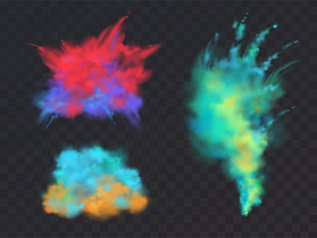Bezpłatny wektor realistyczny zestaw kolorowe chmury w proszku lub wybuchy, na przezroczystym tle.