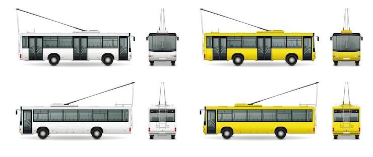 Bezpłatny plik Wektor realistyczny zestaw makiety autobusu z odosobnionymi obrazami białych i żółtych trolejbusów na pustym tle ilustracji wektorowych