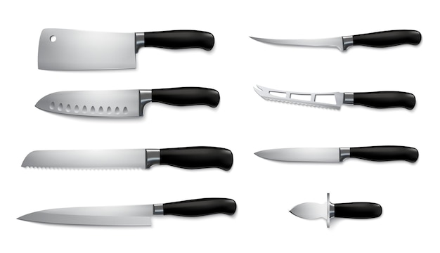 Realistyczny Zestaw Noży Z Różnymi Nożami Kuchennymi Na Białym Tle Ilustracji Wektorowych