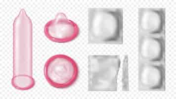 Bezpłatny wektor realistyczny zestaw prezerwatyw na białym tle ikon na przezroczystym tle z fioletowymi prezerwatywami i srebrnym opakowaniem ilustracji wektorowych