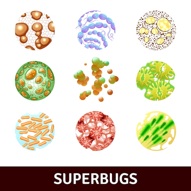 Bezpłatny wektor realistyczny zestaw round superbug z różnymi bakteriami i drobnoustrojami