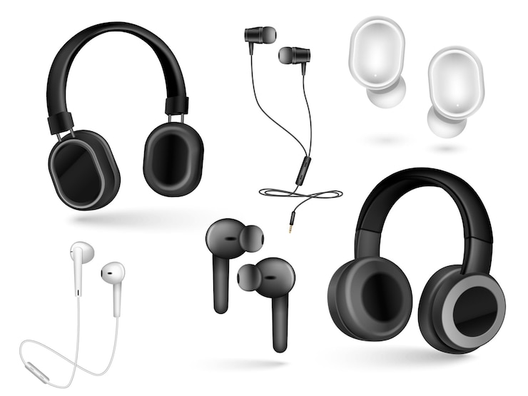 Bezpłatny plik Wektor realistyczny zestaw różnych przewodowych i bezprzewodowych urządzeń audio do słuchania muzyki smartfonów i gier izolowanych ilustracji wektorowych