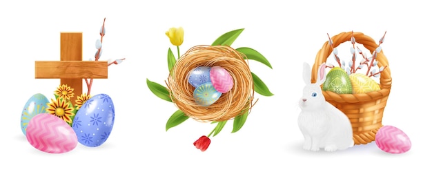 Bezpłatny wektor realistyczny zestaw wielkanocny z trzema izolowanymi kompozycjami kolorowych ikon jajek drewniany krzyż gniazdo i ilustracja wektorowa kosza