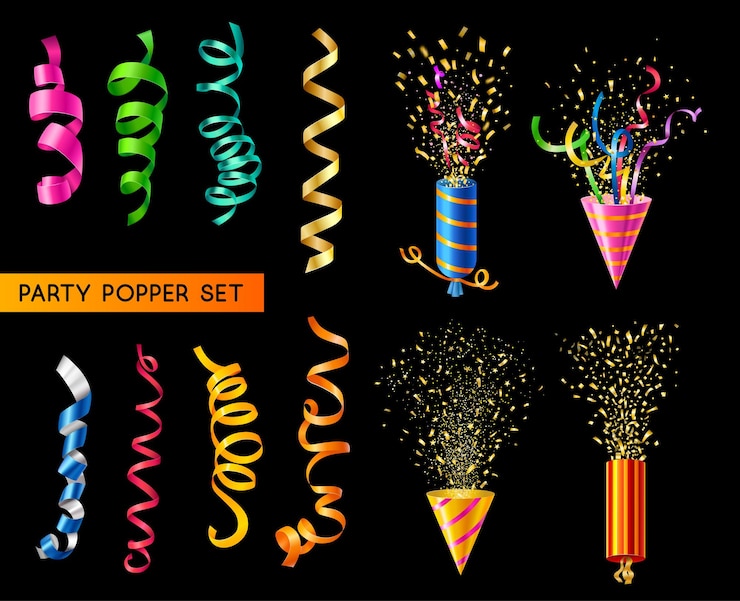 Bezpłatny plik Wektor realistyczny zestaw wybuchających party poppers i kolorowych wstążek na czarnym tle izolowane ilustracji wektorowych