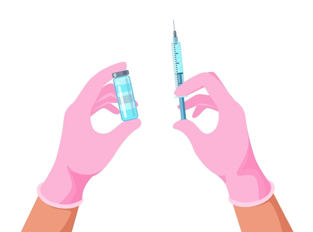 Ręce lekarza z rękawiczkami medycznymi trzymającymi butelkę ze szczepionką i strzykawkę szczepionkę przeciwko koronawirusowi covid19