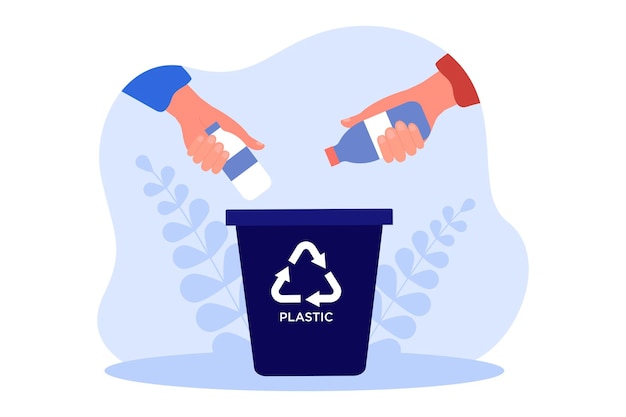 Bezpłatny wektor ręce trzymające plastikowe butelki do wyrzucenia do pojemnika na śmieci. osoby sortujące śmieci płaskie wektor ilustracja. środowisko, ekologia, koncepcja odpadów na baner, projekt strony internetowej lub strona docelowa