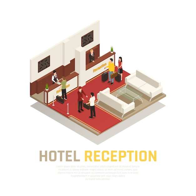 Recepcja hotelu z personelem i strefą gości z izometrycznymi kompozycjami białych mebli