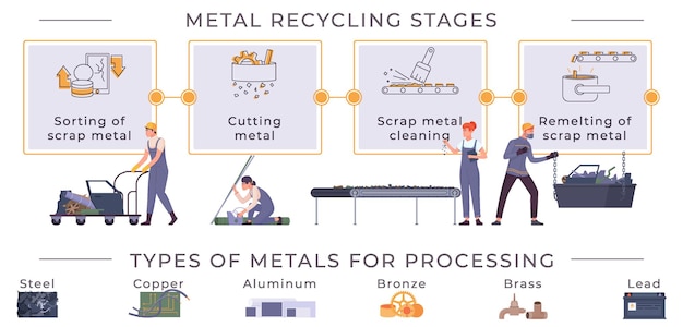 Bezpłatny wektor recykling metali płaskie infografiki z kartami reprezentującymi etapy przetwarzania z ikonami kategorii i edytowalnymi napisami tekstowymi ilustracji wektorowych