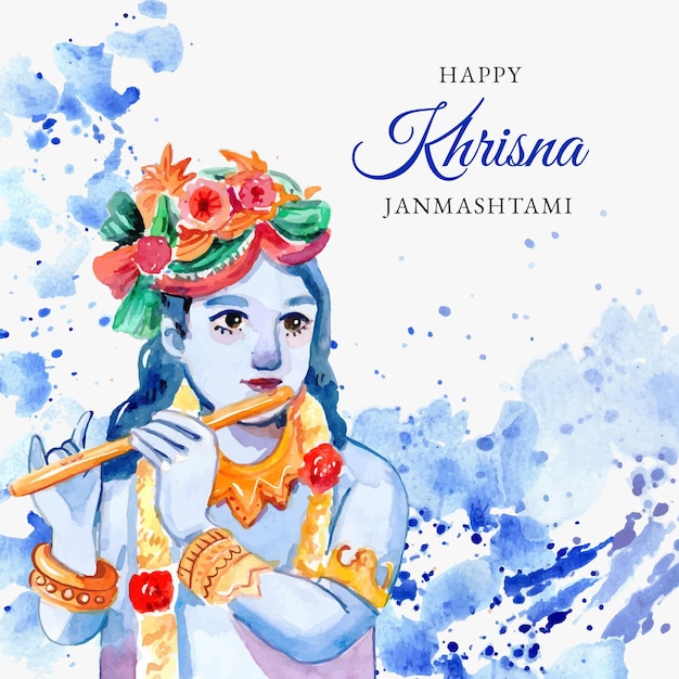 Ręcznie Malowana Akwarelowa Ilustracja Krishna Janmashtami