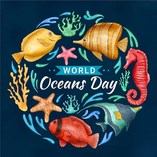 Ręcznie Malowane Ilustracja Dzień Oceanów świata