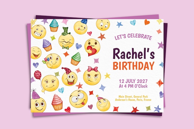 Bezpłatny wektor ręcznie malowany akwarelowy szablon zaproszenia urodzinowego emoji