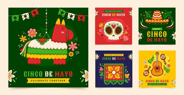 Bezpłatny wektor ręcznie narysowana celebracja cinco de mayo kolekcja postów na instagramie