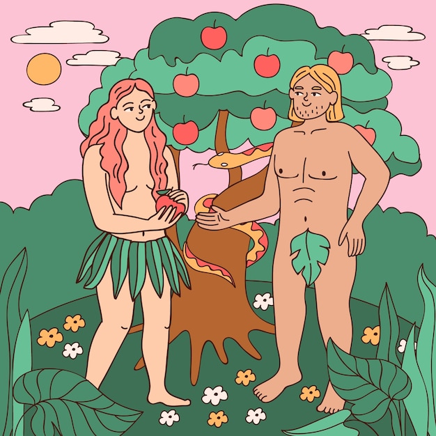 Ręcznie Narysowana Ilustracja Adama I Ewy