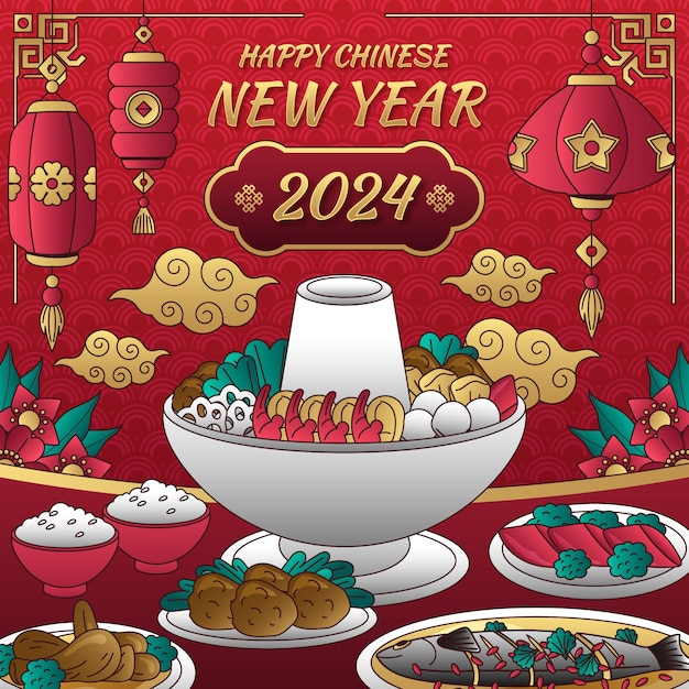 Bezpłatny wektor ręcznie narysowana ilustracja chińskiej kolacji noworocznej