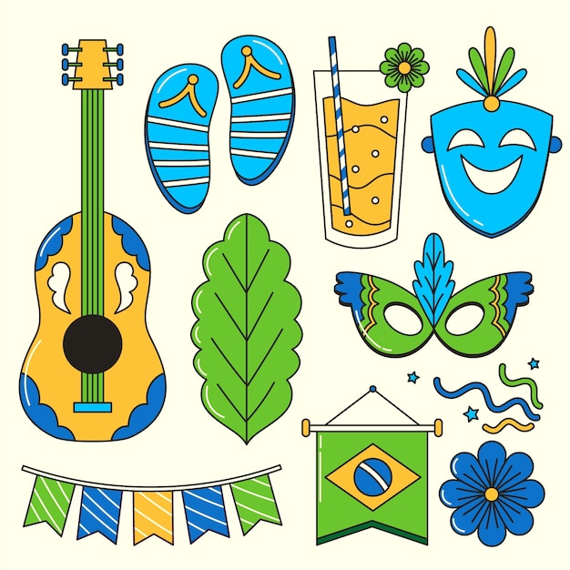 Bezpłatny wektor ręcznie narysowana kolekcja elementów projektowych do świętowania brazylijskiego karnawału