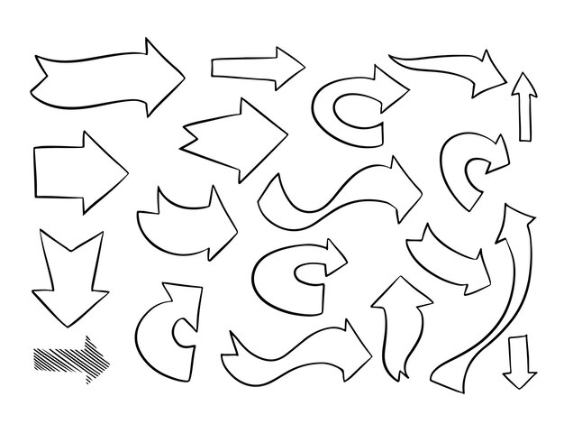 Ręcznie narysowana kolekcja krzywych strzałek w stylu doodle
