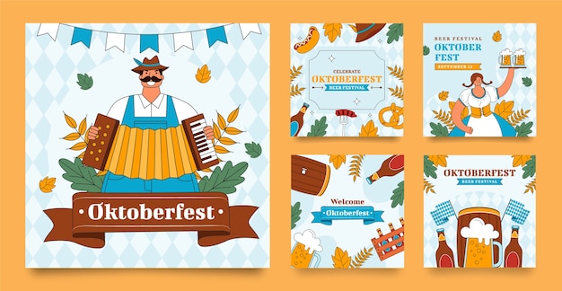 Ręcznie narysowana kolekcja postów na Instagramie na świętowanie festiwalu piwa Oktoberfest