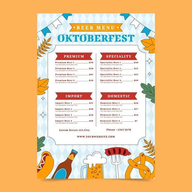 Bezpłatny wektor ręcznie narysowany szablon menu na świętowanie festiwalu piwa oktoberfest