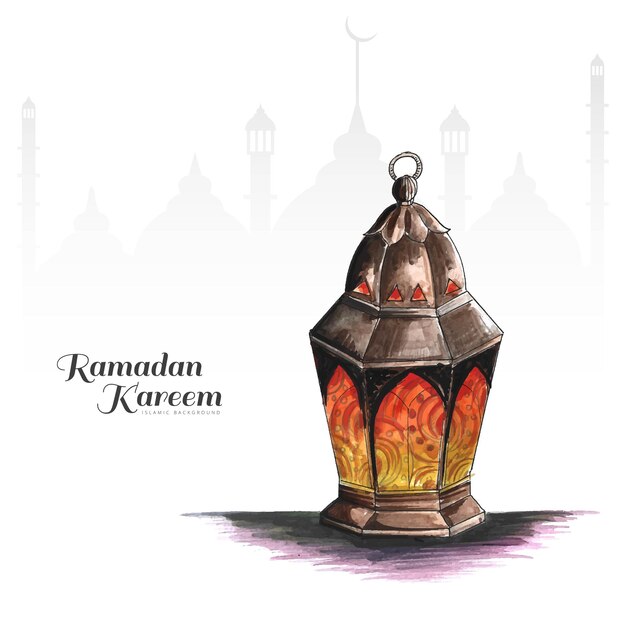 Ręcznie narysuj arabskie lampy ramadan kareem tło kartki z życzeniami