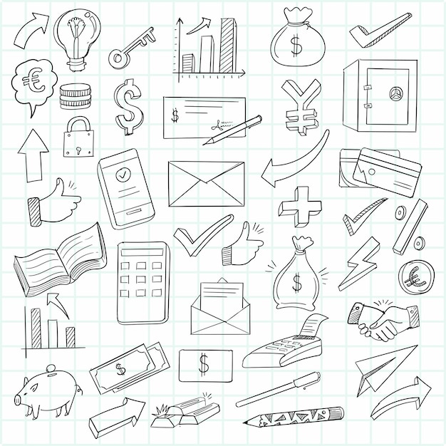 Bezpłatny wektor ręcznie rysować biznes doodle zestaw ikon