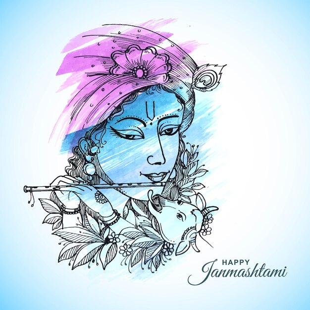 Ręcznie rysować szkic lord krishna w tle karty festiwalu happy janmashtami