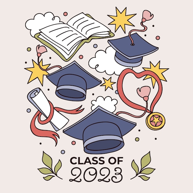 Bezpłatny wektor ręcznie rysowana ilustracja dla klasy ukończenia szkoły w 2023 roku