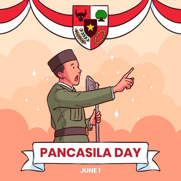 Ręcznie Rysowana Ilustracja Dnia Pancasila Z żołnierzem Mówiącym Do Mikrofonu